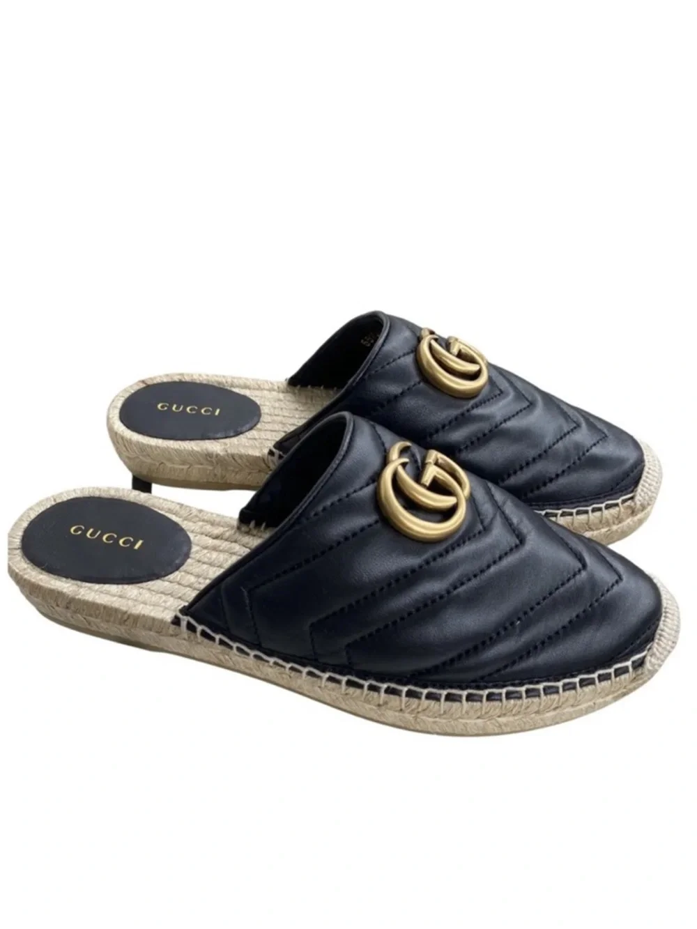 GUCCI GG Marmont Black Leather Espadrille Mules Slides - Picture 8 of 9